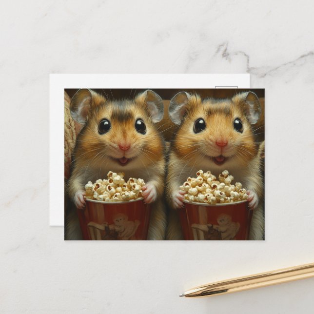 Cute Brown Hamsters With Popcorn Postcard (Front/Back In Situ)