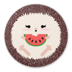 Cute Brown Hedgehog Eating Watermelon Slice Ceramic Knob
