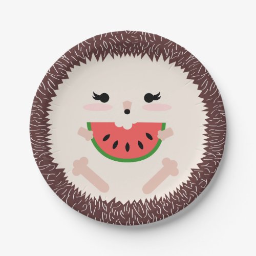 Cute Brown Hedgehog Eating Watermelon Slice Paper Plates