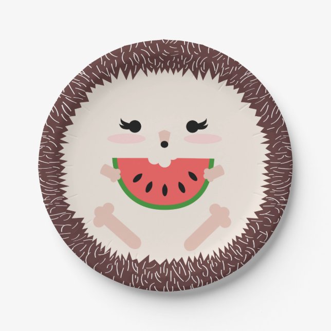 Cute Brown Hedgehog Eating Watermelon Slice Paper Plates (Front)