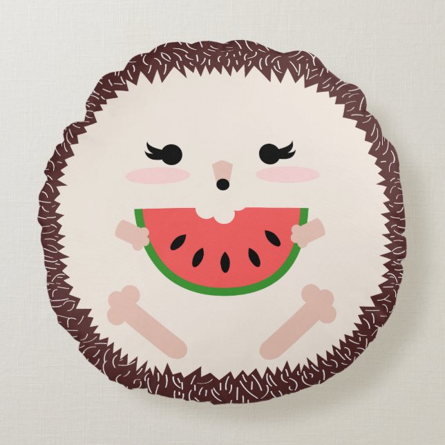 Cute Brown Hedgehog Eating Watermelon Slice Round Pillow (Front)