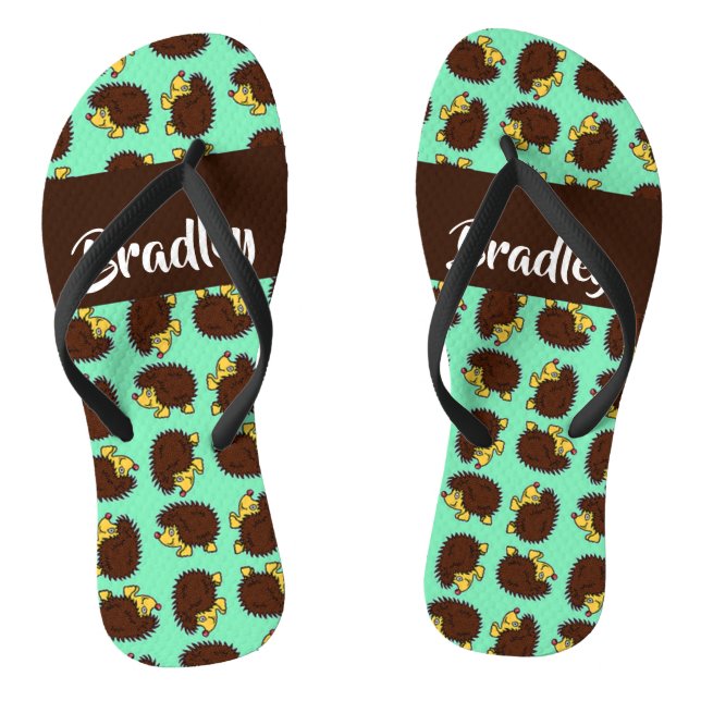 Cute brown hedgehogs on blue flip flops (Footbed)