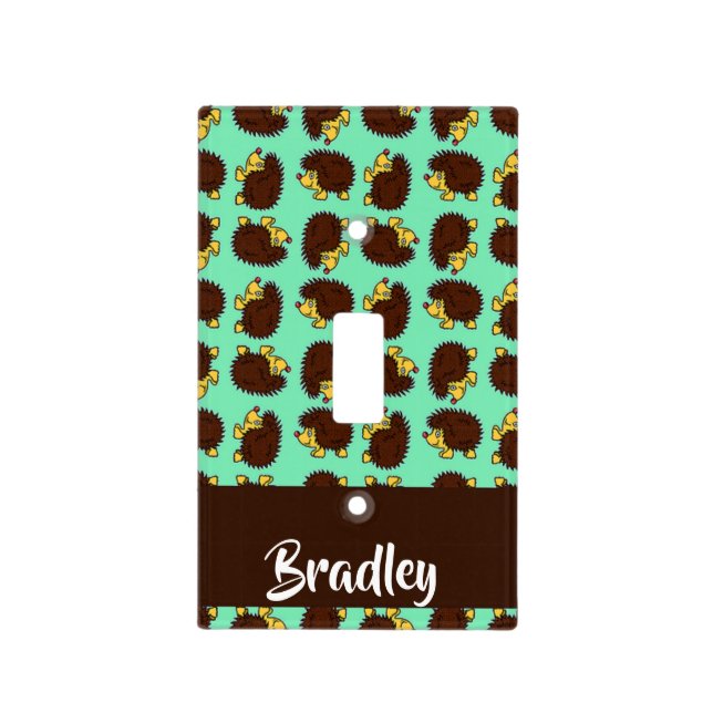 Cute brown hedgehogs on blue light switch cover (Front)