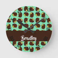 Cute brown hedgehogs on blue round clock