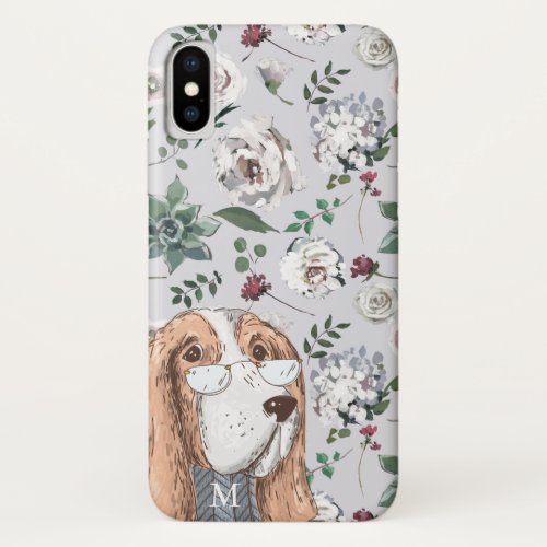 Cute Brown Hipster Dog with Flowers and Monogram iPhone X Case