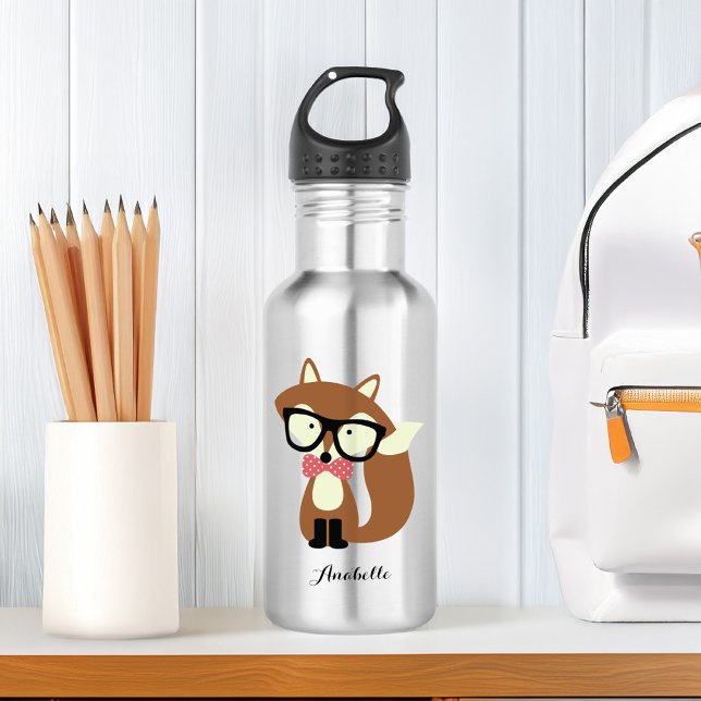 Cute Brown Hipster Fox Stainless Steel Water Bottle (Creator Uploaded)