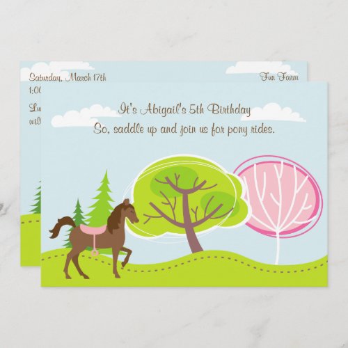 Cute Brown Horse and Trees Pony Rides Birthday Invitation