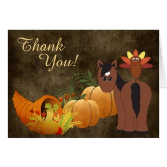 Cute Brown Horse and Turkey Autumn Thank You Card