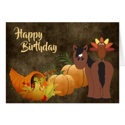 Cute Brown Horse and Turkey Golden Autumn Birthday Card