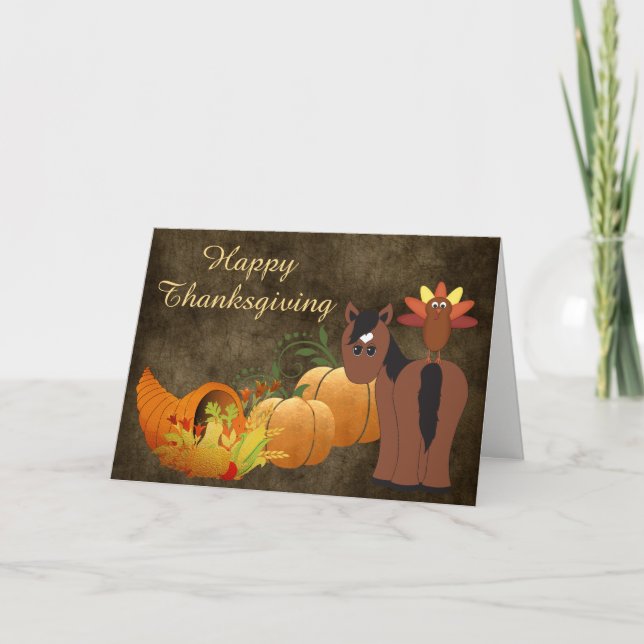 Cute Brown Horse and Turkey Happy Thanksgiving Holiday Card (Front)
