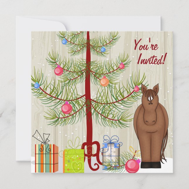 Cute Brown Horse, Christmas Tree Birthday Invite (Front)