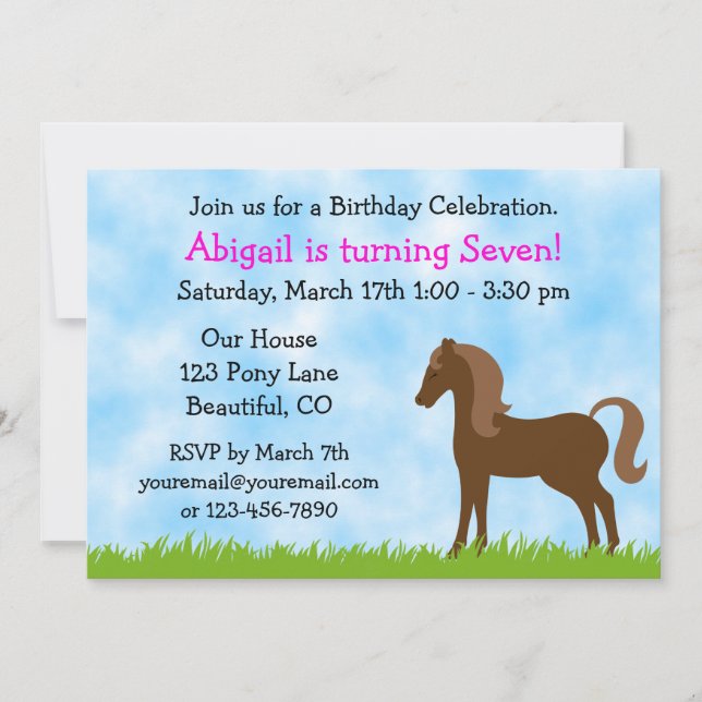 Cute Brown Horse Girls Birthday Invitation (Front)