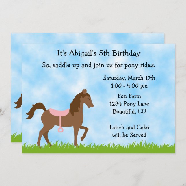Cute Brown Horse Pony Rides Girls Birthday Invite (Front/Back)