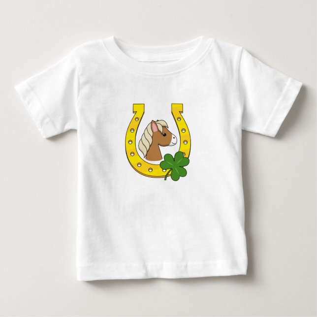 Cute Brown Horse w Golden Horse Shoe, Shamrock  Baby T-Shirt (Front)