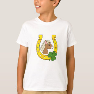 Cute Brown Horse w Golden Horse Shoe, Shamrock T-Shirt