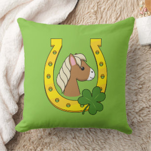 Cute Brown Horse w Golden Horse Shoe, Shamrock  Throw Pillow