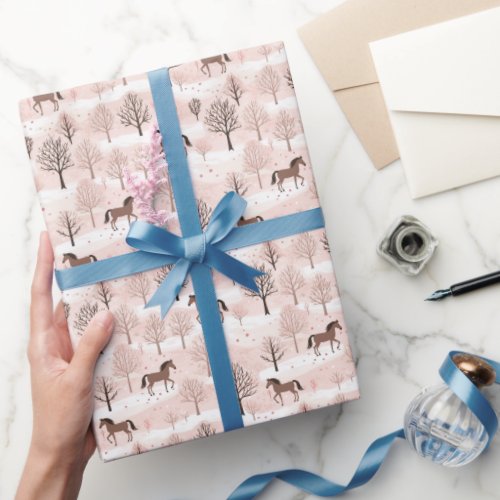 Cute Brown Horses with Pink Snowy Winter Scene Wrapping Paper