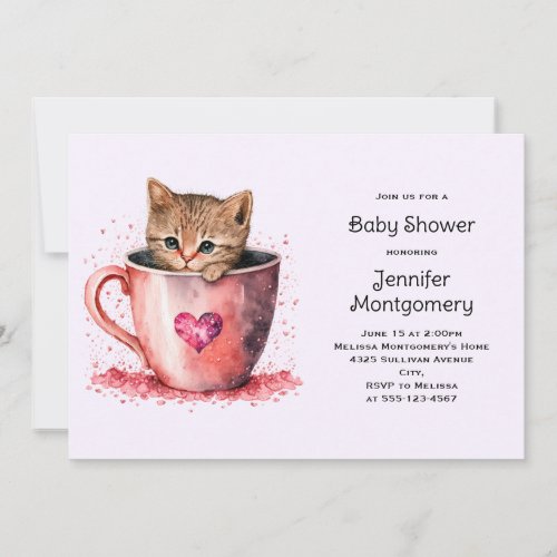 Cute Brown Kitten in a Teacup Baby Shower Invitation