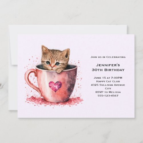 Cute Brown Kitten in a Teacup Birthday Invitation