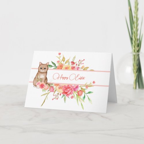 Cute Brown Kitty with Pink Flowers Easter Card