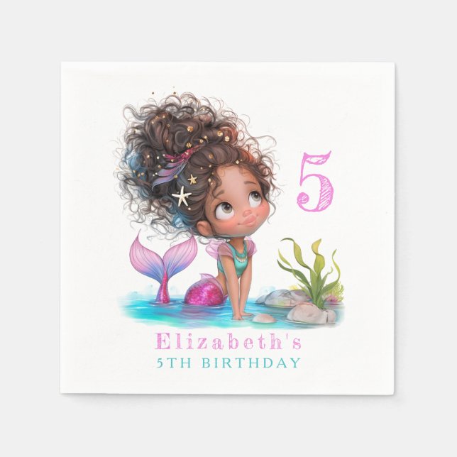 Cute Brown Little Mermaid Birthday Napkins (Front)