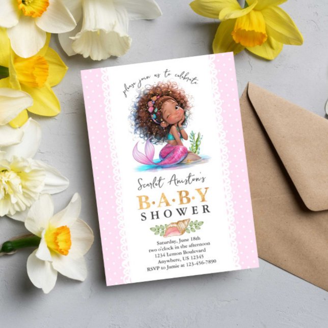 Cute Brown Little Mermaid Girl Baby Shower Invitation (Creator Uploaded)