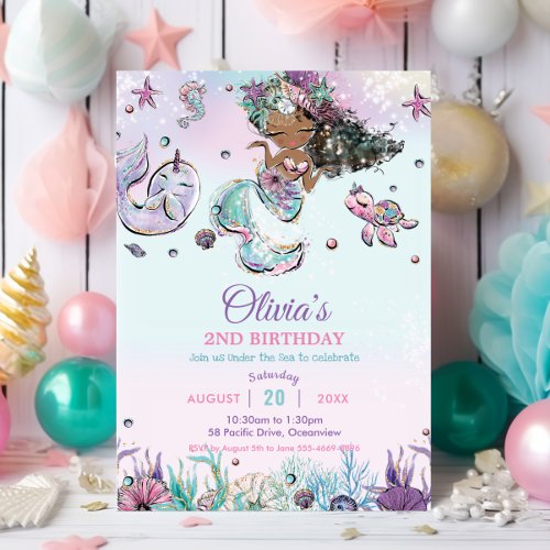 Cute Brown Mermaid Under the Sea Narwhal Birthday Invitation