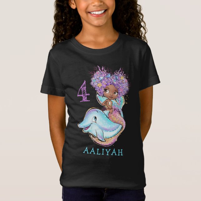 Cute Brown Mermaid with Dolphin Birthday T-Shirt (Front)