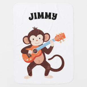 Cute Brown Monkey Playing Guitar Name Baby Blanket