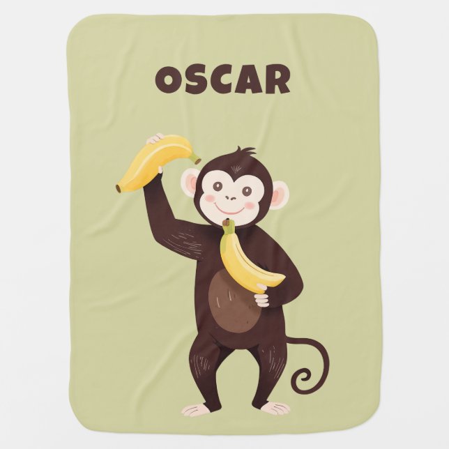 Cute Brown Monkey with Bananas Name Baby Blanket (Front)