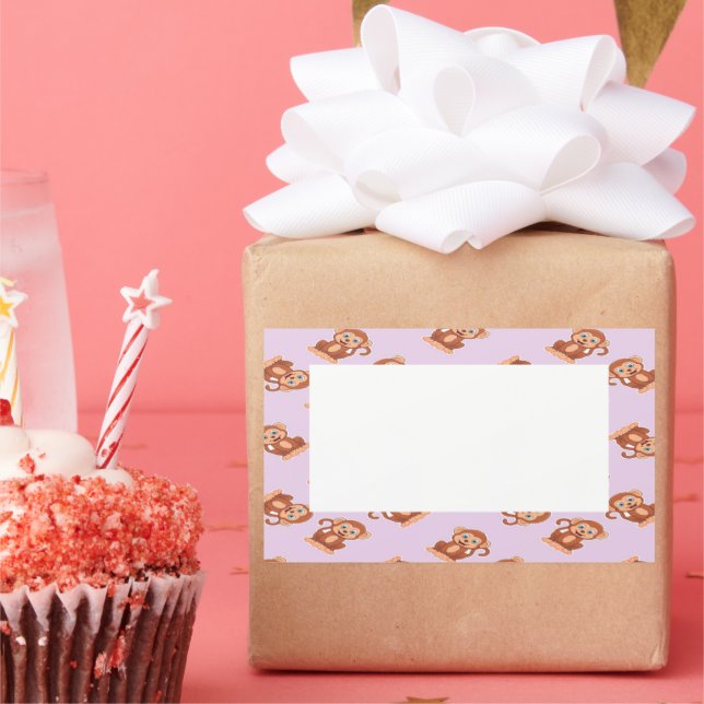 Cute brown monkeys on purple rectangular sticker (Party)