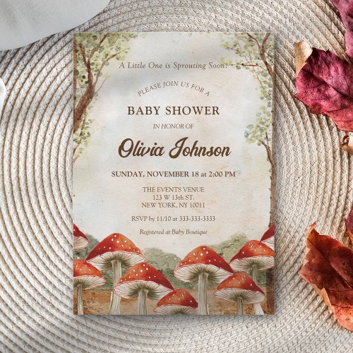 Cute Brown Mushroom Theme Baby Shower Invitation