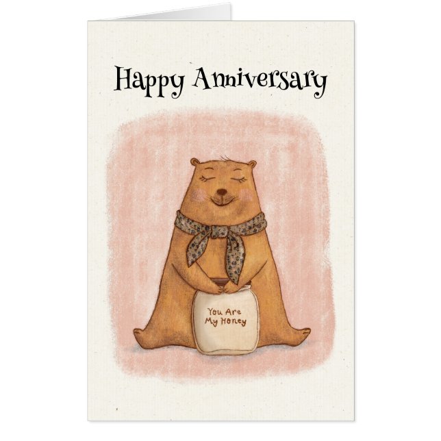 Cute Brown Orange Bear Drawing Anniversary Card (Front)