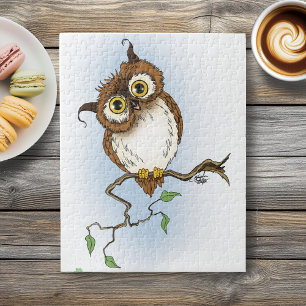 Cute Brown Owl Blue Wildlife Whimsical Jigsaw Puzzle