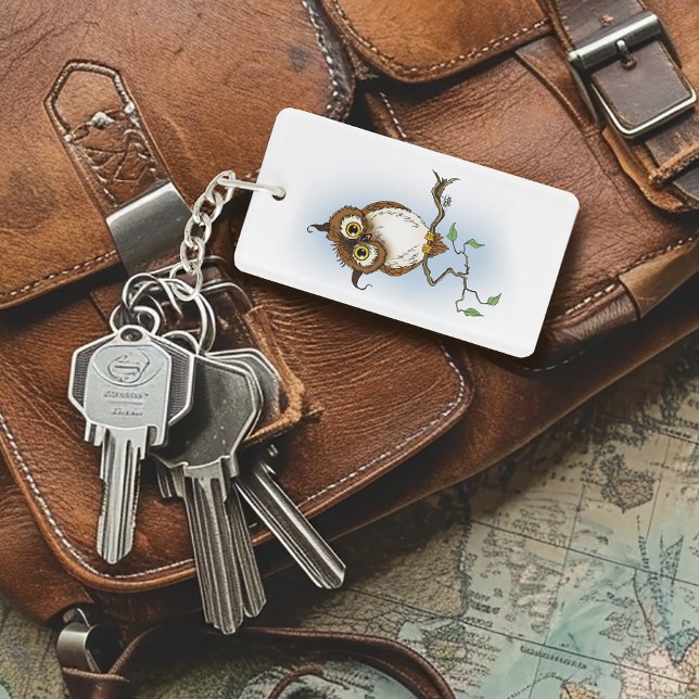 Cute Brown Owl Blue Wildlife Whimsical Keychain (Creator Uploaded)