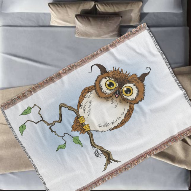 Cute Brown Owl Blue Wildlife Whimsical Throw Blanket (Creator Uploaded)