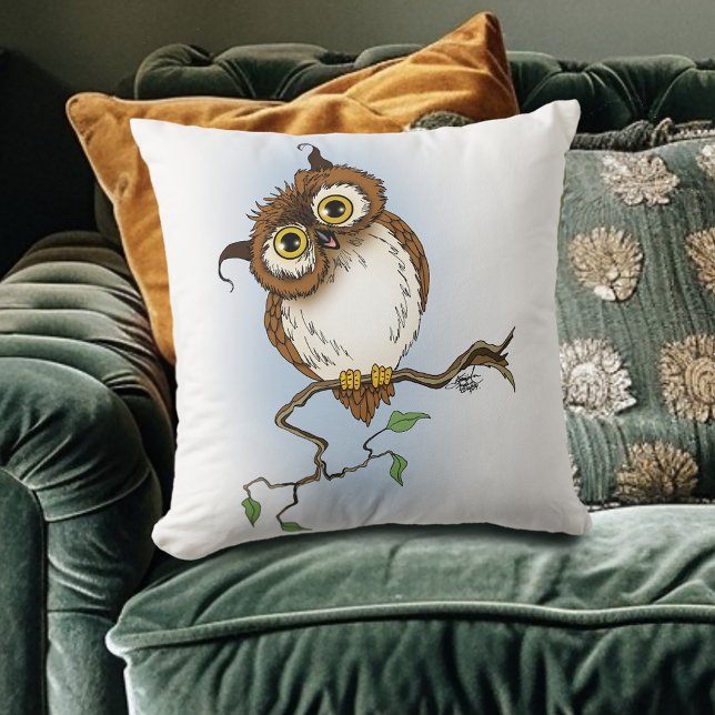 Cute Brown Owl Blue Wildlife Whimsical Throw Pillow (Creator Uploaded)