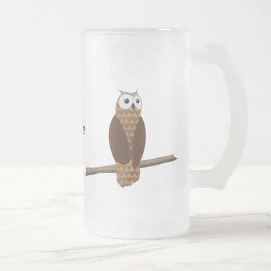 Cute Brown Owl Cartoon on Frosted Drinks Glass Frosted Glass Beer Mug