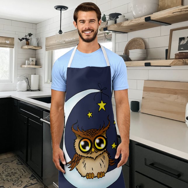 Cute Brown Owl Crescent Moon Stars Blue Apron (Creator Uploaded)
