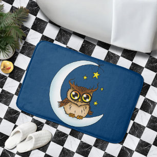 Cute Brown Owl Crescent Moon Stars Blue Bath Mat