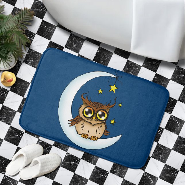 Cute Brown Owl Crescent Moon Stars Blue Bath Mat (Creator Uploaded)