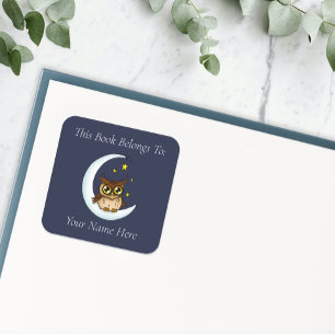 Cute Brown Owl Crescent Moon Stars Blue Bookplate