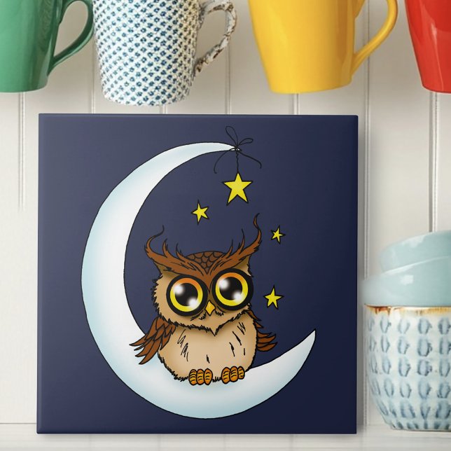 Cute Brown Owl Crescent Moon Stars Blue Ceramic Tile (Creator Uploaded)