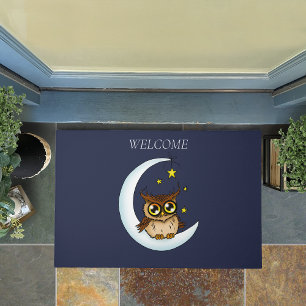 Cute Brown Owl Crescent Moon Stars Blue Doormat