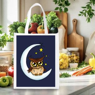 Cute Brown Owl Crescent Moon Stars Blue Grocery Bag