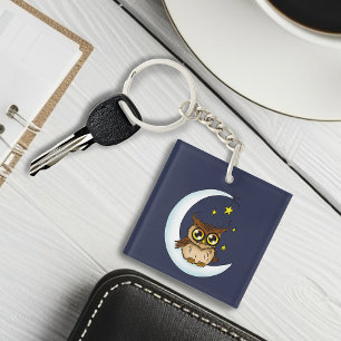 Cute Brown Owl Crescent Moon Stars Blue Keychain
