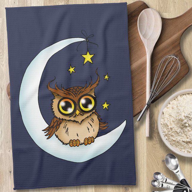 Cute Brown Owl Crescent Moon Stars Blue Kitchen Towel (Creator Uploaded)