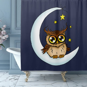 Cute Brown Owl Crescent Moon Stars Blue Shower Curtain