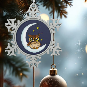 Cute Brown Owl Crescent Moon Stars Blue Snowflake Pewter Christmas Ornament