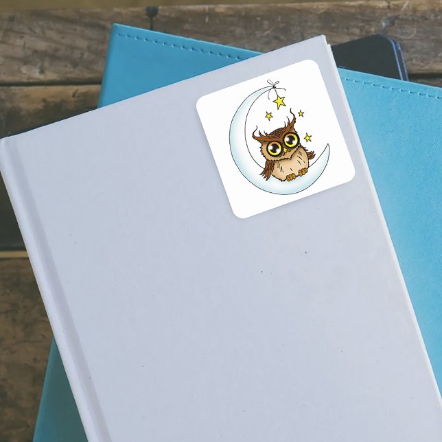 Cute Brown Owl Crescent Moon Stars Blue Square Sticker (Creator Uploaded)